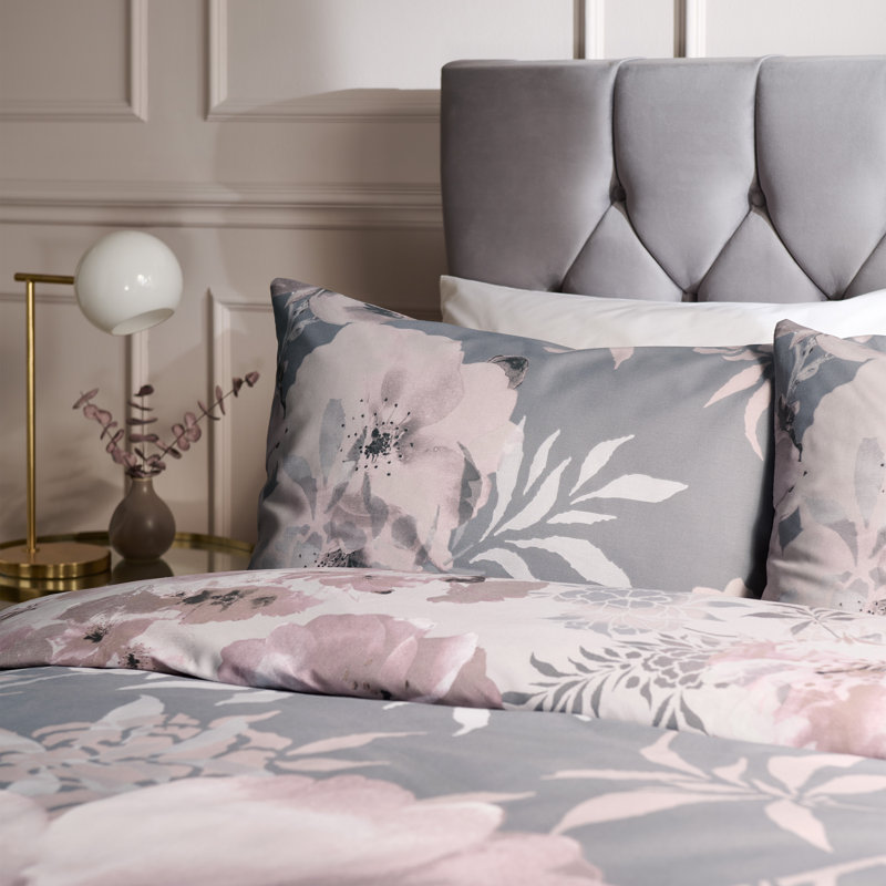 Dramatic Floral Reversible Duvet Cover Set with Pillowcases, Double - 2 Standard Pillowcases, Grey