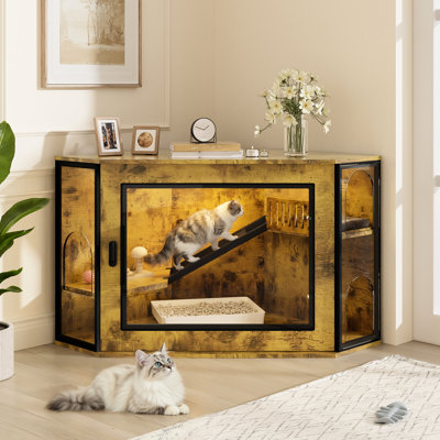 48" Corner Cat Litter Box With Acrylic Door, Led , And Bridge For Mobility Multi - Level Activity Area, Home