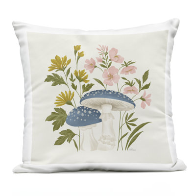 Blue Mushrooms & Wildflowers Design by Cat Thurman Designs Outdoor Printed Pillow