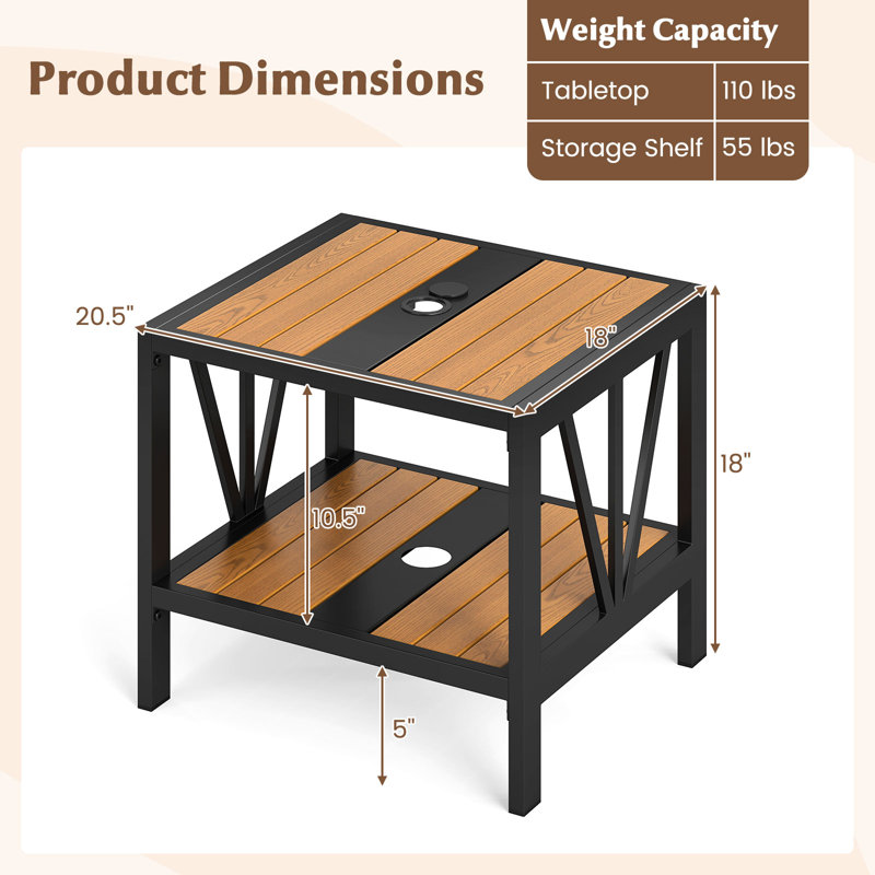  Table de bout à 2 niveaux pour table d'appoint à 2 niveaux avec tablette de rangement pour parasol de 1,57 po, 2