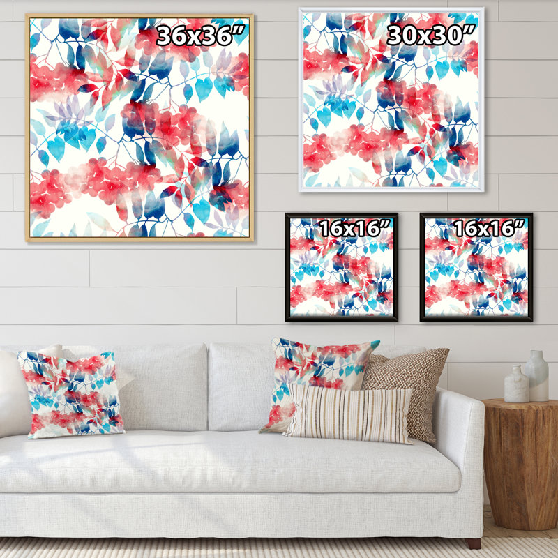 Feuilles rouges et bleues sur fond beige I - Peinture sur toile, H 30 po x l 30 po, Cadre flottant noir