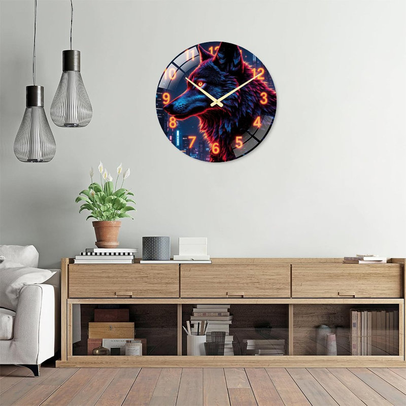 Neon Wolf Wall Clock Art - 24‘’ Modern Glass Wall Clock