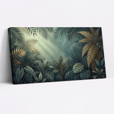 Art mural sur toile de feuilles tropicales avec des accents dorés en brume vert foncé