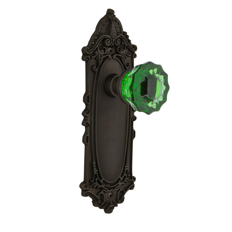 Plaque victorienne avec bouton de porte en cristal émeraude, Bronze frotté à l'huile, 2 3/4
