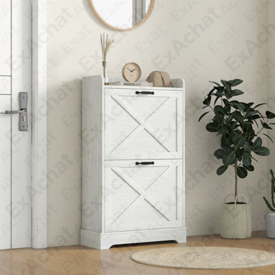 Armoire à chaussures mince pour le vestibule, armoire de rangement pour chaussures Farmhouse Hidden avec 2 tiroirs rabattables et tablettes réglables pour 8 paires de chaussures, blanc vieilli
