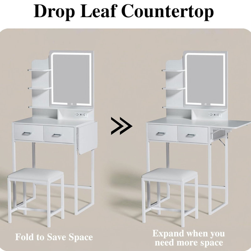 32.7" Makeup Vanity Desk With Stool, Power Outlet & Adjustable LED Light, White