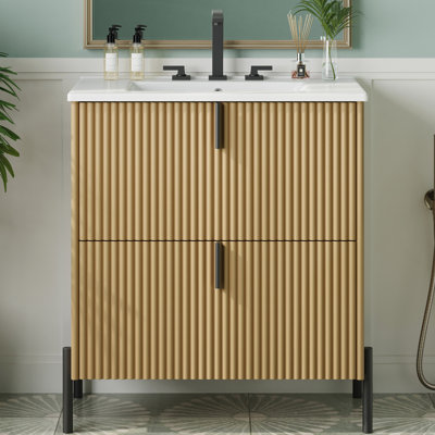 Meuble-lavabo autoportant de 30 pouces avec lavabo en céramique, tiroirs à fermeture en douceur et conception cannelée pour un rangement élégant