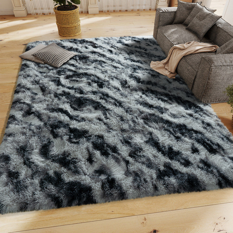 Fluffy Fuzzy Shag Area Tie-dye black Indoor Carpet for Living Room Bedroom Bedside Office Hotel, Rectangle 8' x 10'