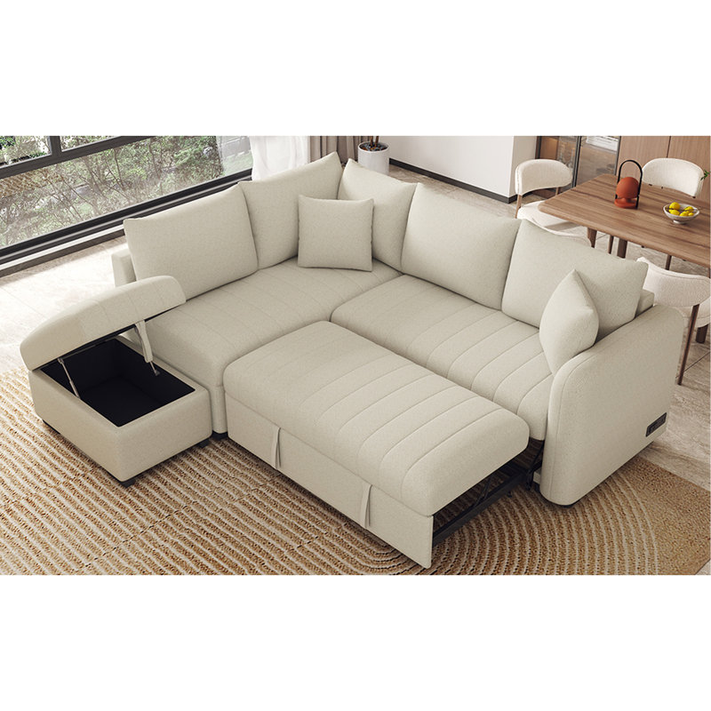 Canapé-lit modulaire coulissant avec repose-pieds Nikolas, Polyester beige