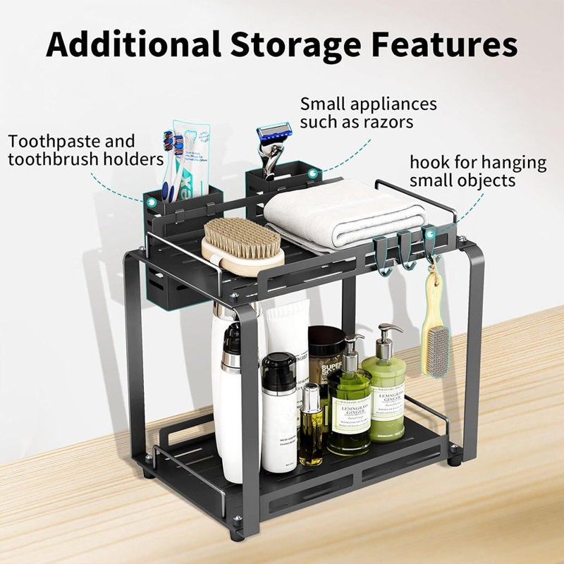 Grand comptoir de rangement de salle de bain, tablettes de rangement à 2 niveaux avec porte-brosses à dents, support de rangement de comptoir de salle de bain avec panier et crochets en métal noir