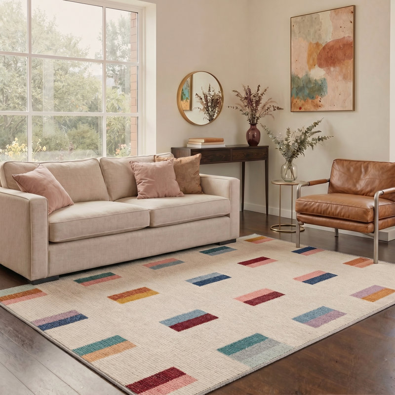 Liadan Vectra Modern Machine Washable Beige Indoor Area Rug with Non-Slip Backing, Rectangle 9' x 12'