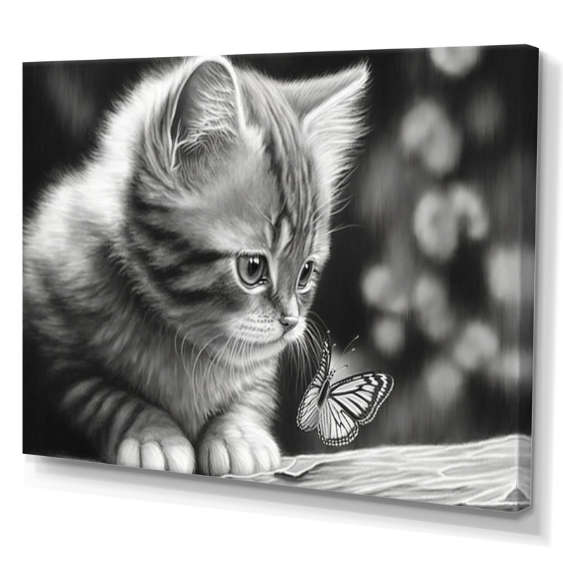 Monchrome, dessin numérique du petit chaton - reproduction sur toile, H 24 po x l 32 po x P 1 po, Toile tendue