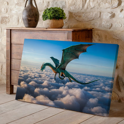 Toile, "Un majestueux dragon s'envole gracieusement à travers un vaste ciel", art mural doux avec des nuages doux
