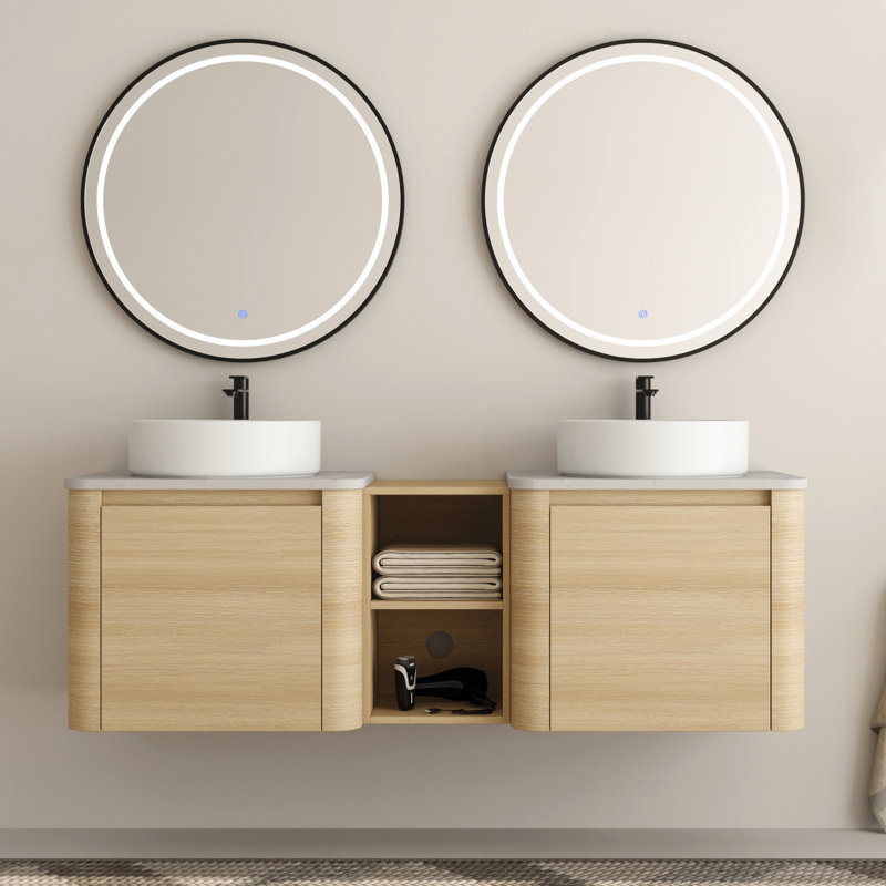 Ensemble de meuble-lavabo double 60 po avec plateau en pierre reconstituée Eaton, Blanc, 60"