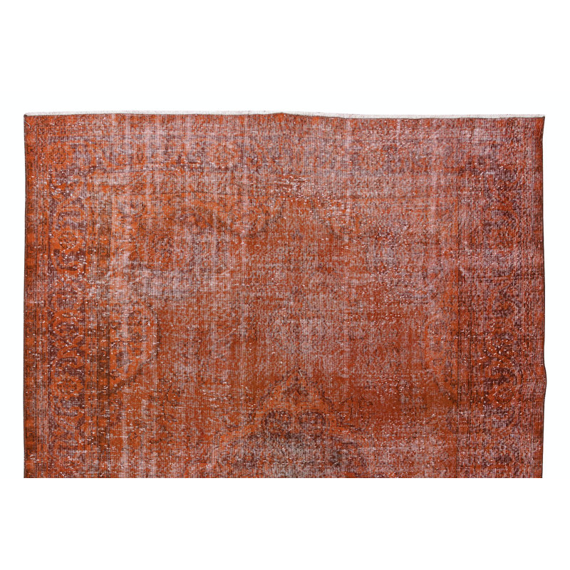 7.4x10.5 Ft Hand-Knotted Turkish Rug Over-Dyed in Orange for Modern Home & Office Decor