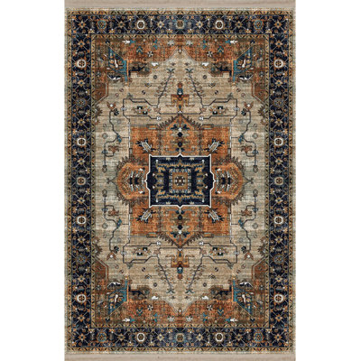 Orange Theme Multicolor Traditional Motif Ethnic Pattern Vintage Machine Washable Decorative Rug