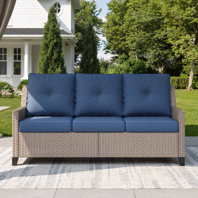 Alto Outdoor Patio 73.8"w Wicker Steel 3-seater Sofa With Cushions