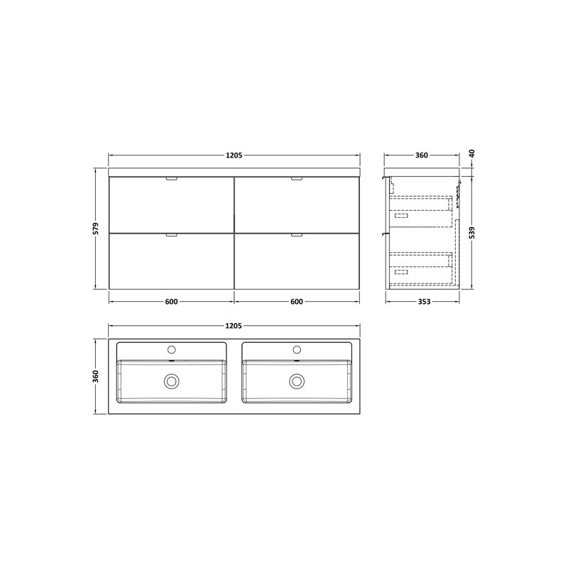 120.5mm Double Bathroom Vanity with Drop In Poly Marble Basin