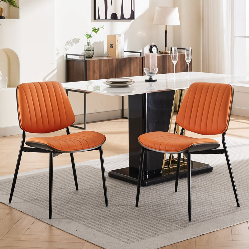 Of 2 Mid Century Modern Dining Chairs, Orange Pu Fabric, Walnut , Metal Legs, Ergonomic & Fashionable For Kitchen Office Style Leather, Back, Design With Adjustable Back Custom Fit