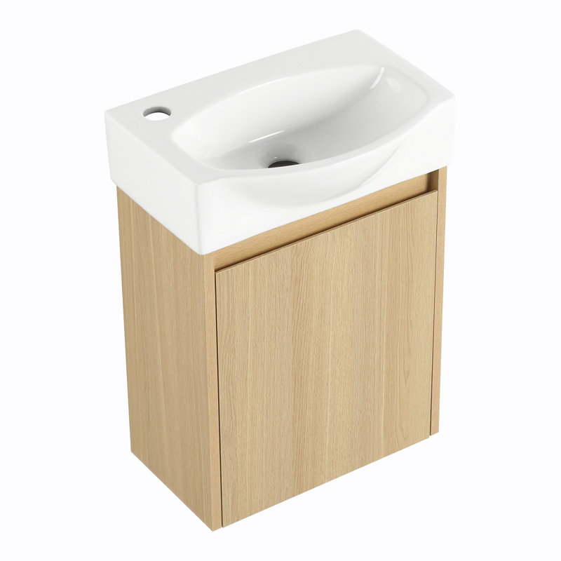 Petit meuble-lavabo moderne 16 po avec lavabo à poser en céramique pour petit espace, Chêne