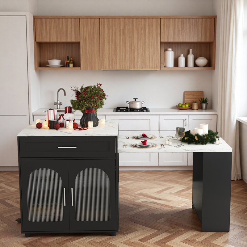 Îlot de cuisine extensible avec table de salle à manger, prise de courant, 2 tiroirs, tablettes ouvertes et roues mobiles