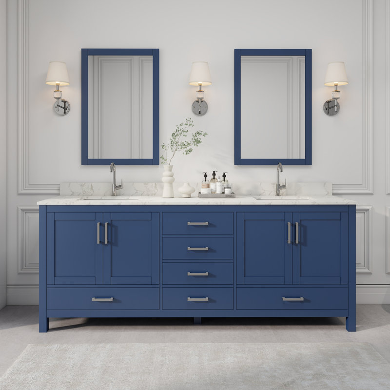 Meuble-lavabo double 84 po avec plateau en granite blanc Riverford
