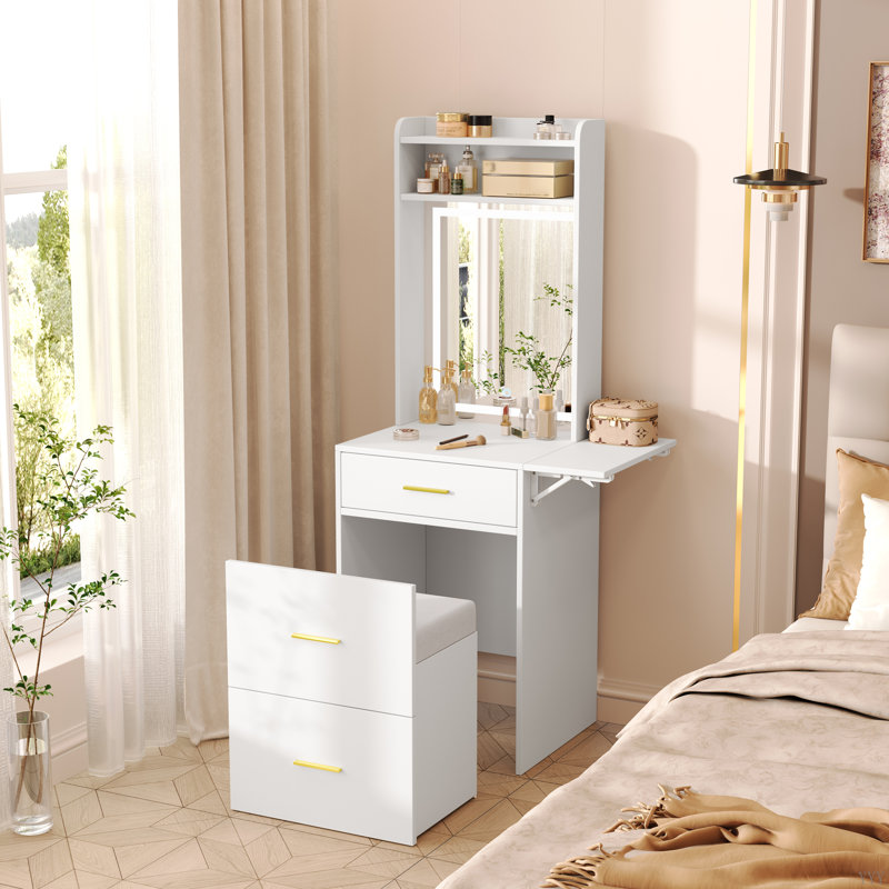 Petit meuble-lavabo avec miroir et lumière, coiffeuse avec station de charge et panneau rabattable pour les petits espaces, ensemble de coiffeuse à maquillage compact avec tabouret caché pour la chambre à coucher