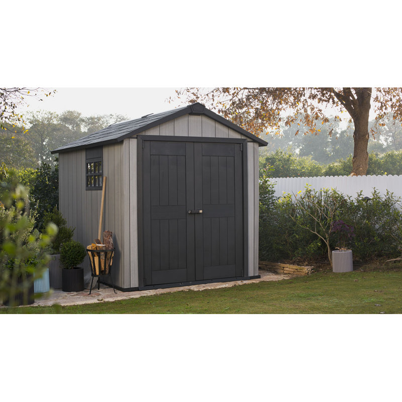 Keter Oakland 7.5x9 ft. Durable Resin Outdoor Storage Shed With Floor and Double Doors for Garden Patio Furniture and Tools, Grey