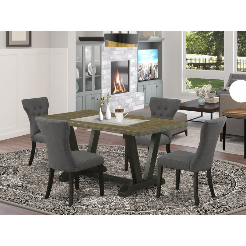 5-Piece Kitchen Dinette Set Included 4 Gotham Grey dining room chairs, Upholstered Seat and High Button Tufted Chair Back and Distressed Jacobean Rectangular Dinette Table -Black Finish