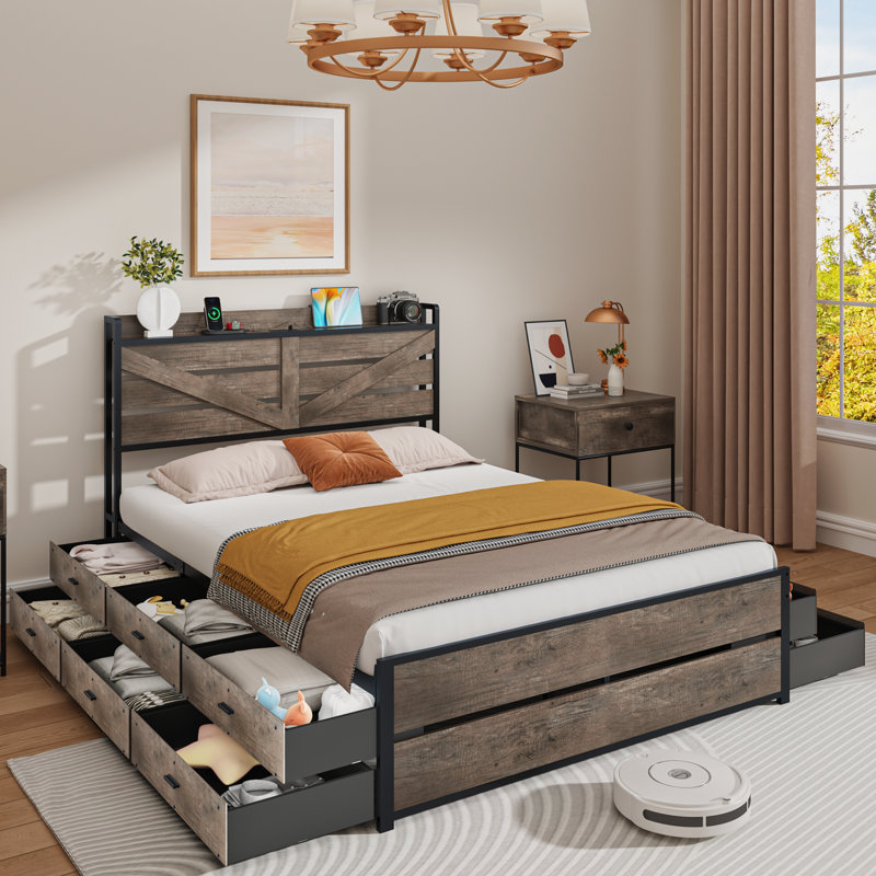 Modern Bed Frame with 12 Drawers and Open Storage Headboard,Charging Station,No Box Spring Needed , Queen, Oak