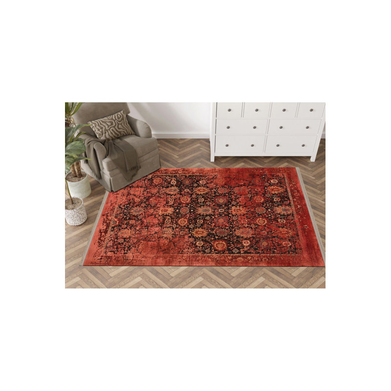 Tapis décoratif traditionnel rouge à motif abstrait rouge, Sous-tapis rectangulaire 2 pi 4 po x 3 pi 11 po