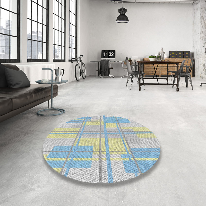 Tapis jaune/bleu à motifs, Rond 5 pi