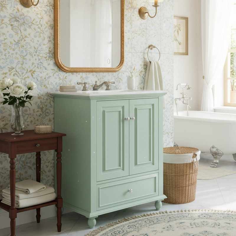 24" Freestanding Bathroom Vanity With Ceramic Sink, French Vintage Vanity With Drawer Dividers And Door-Mounted Organizers