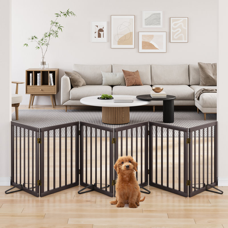Barrière pour chien autoportante pliable 4 panneaux 110 po en bambou avec 2 pieds de soutien pour les escaliers, Brun