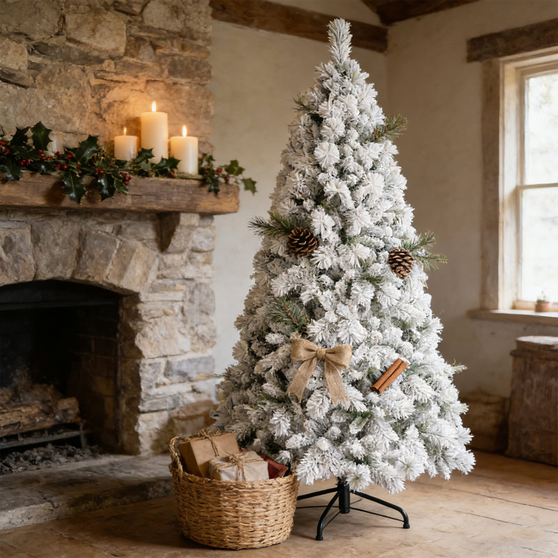 Arbre de Noël enneigé 7 pi, PVC enneigé et branches à aiguilles dures, structure à charnières pour une installation facile, support en métal stable
