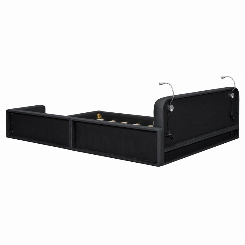 Lit plateforme tapissier avec 2 lampes de lecture, Noir, noir, noir, noir