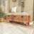 Wood Intricately Carved Floral Room Brown Storage Bench with Cream Burlap Top