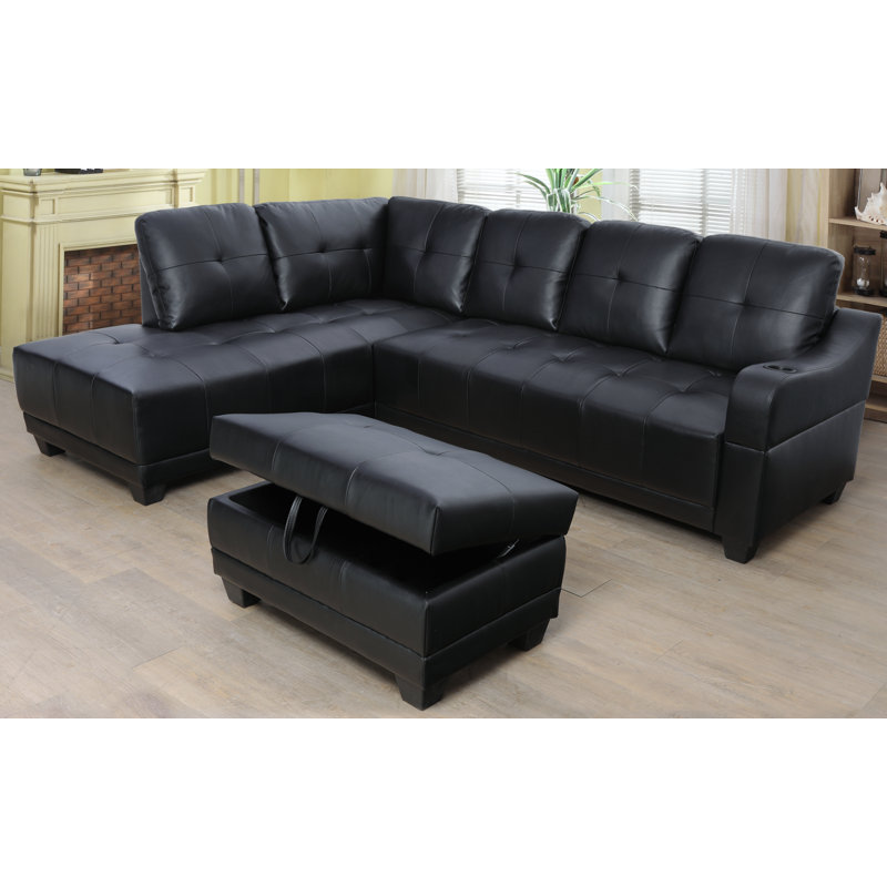 Sweetgrove Faux Leather L-Shaped Sectional, Faux Leather Black, Left Hand Facing