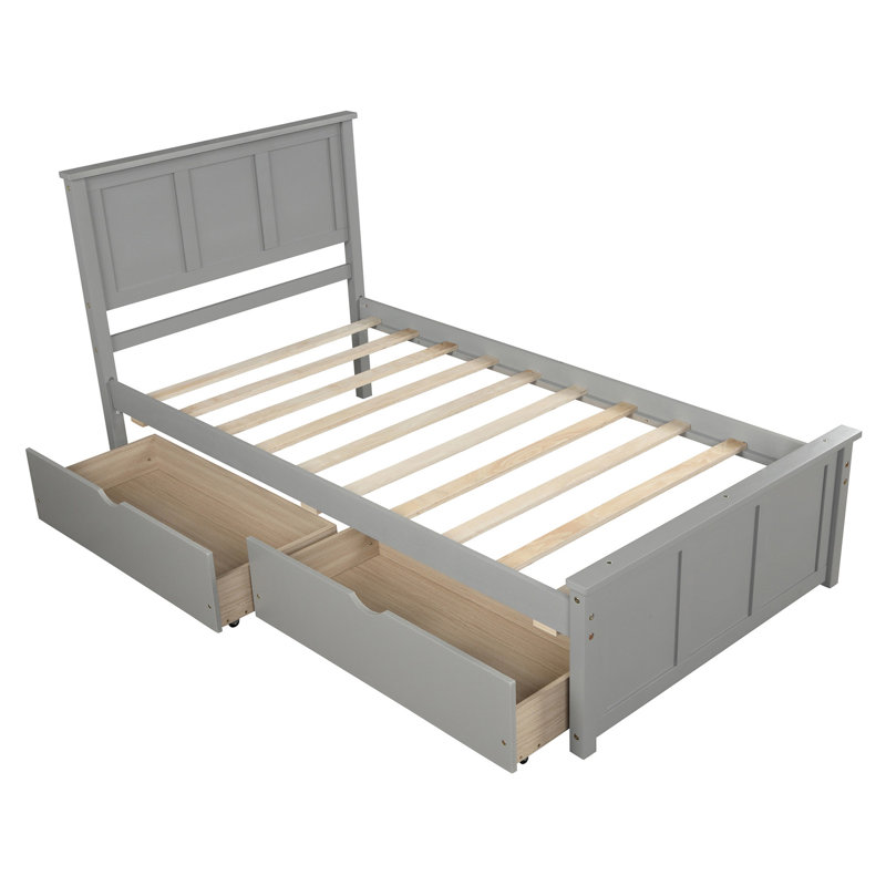Lit plateforme simple avec 2 tiroirs coulissants - Structure en bois massif, gris, Gris