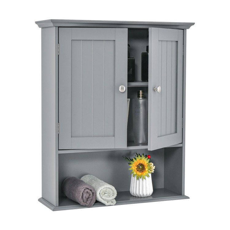 Wall Mount Bathroom Cabinet Storage Organizer with Doors and Shelves, Gray