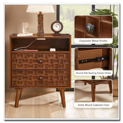 Nightstand with Charging Station & 2 Drawers with Shelf