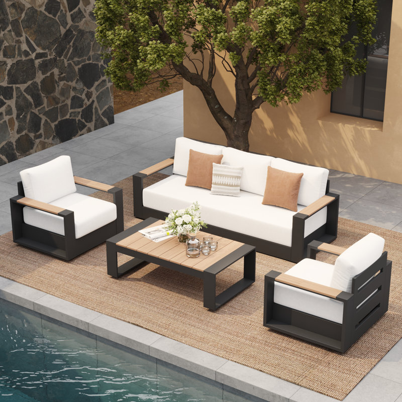 Ensemble de conversation d'extérieur pour 5 personnes avec coussins, Gris, Ensemble de 4 pièces : table, canapé, 2 chaises