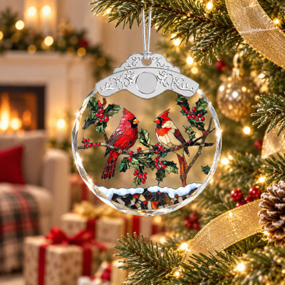 Ornement de Noël en vitrail de 9 cm (3,54 po) représentant un cardinal et du houx