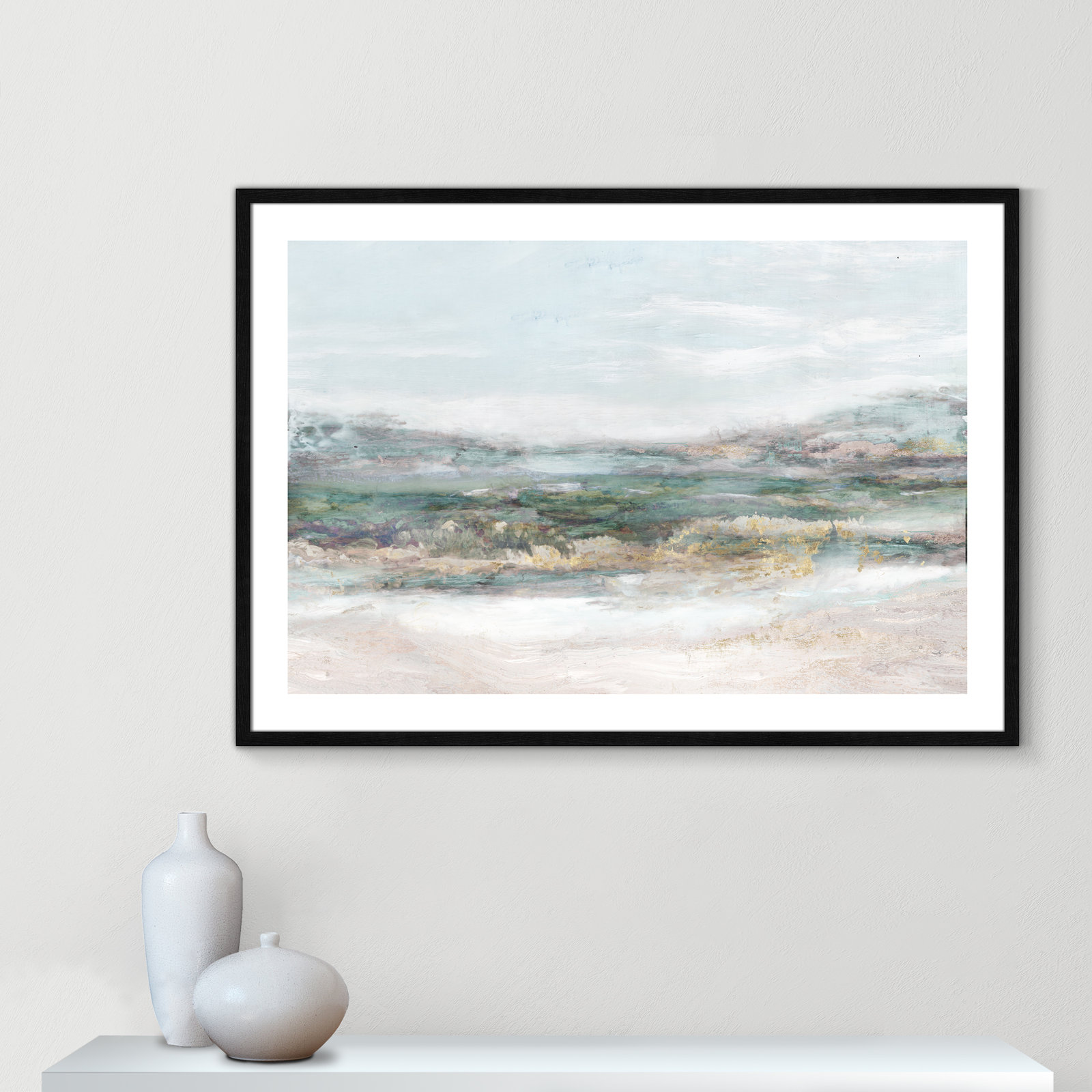 Lori "Dazzling" Painting by Matina Theodosiou, White, 29.5" H x 41.5" W x 0.75" D, Black Wood Grain Framed Paper