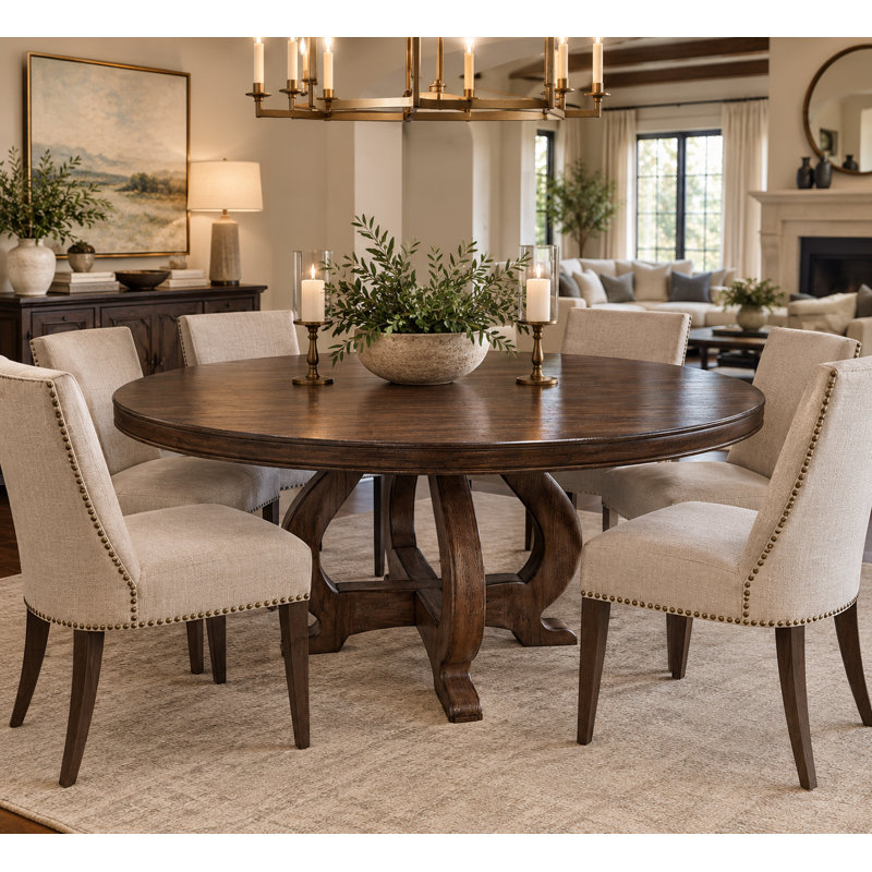 Lorraine Round Solid Wood Top with Solid Wood Base Dining Table, 72" W x 72" L
