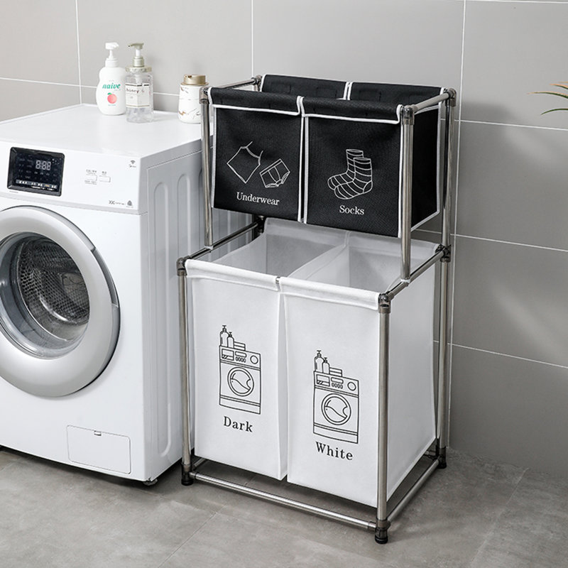Séchoir à linge 2 niveaux avec 4 sacs amovibles pour organiser les vêtements, avec quatre roues, facile à déplacer, lessive, clair, foncé