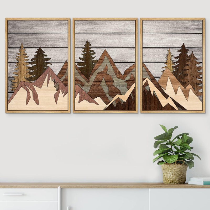 Western Wood Effect Landscape, panneau de bois, chaîne de montagnes, impression encadrée sur toile, 3 pièces, Naturel