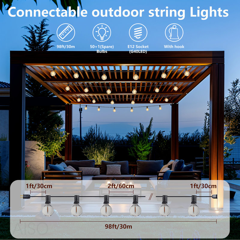 Guirlande de lumières d'extérieur à DEL de 98 pieds, lumières de patio imperméables à brancher avec 50 ampoules incassables, décoration de lumière suspendue d'extérieur blanc chaud pour terrasse de jardin bistro