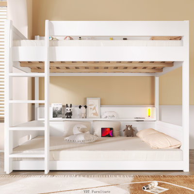 Queen over Queen Bunk Bed with Storage Shelves & USB Ports | White
