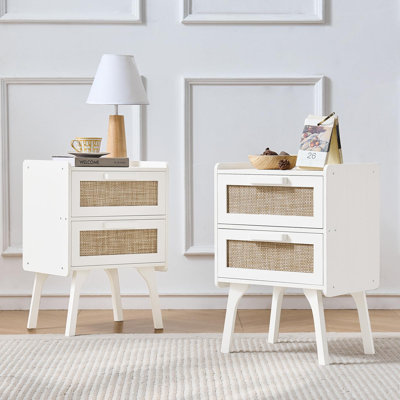 Ensemble de 2 tables de chevet en rotin, 2 tables de chevet en bois avec tiroirs et pieds fuselés, tables de bout avec rangement Boho pour chambre à coucher, dortoir et petits espaces